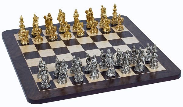 Chess Set – Medieval Pewter Pieces &amp; Walnut Dark Brown &amp; Natural Board