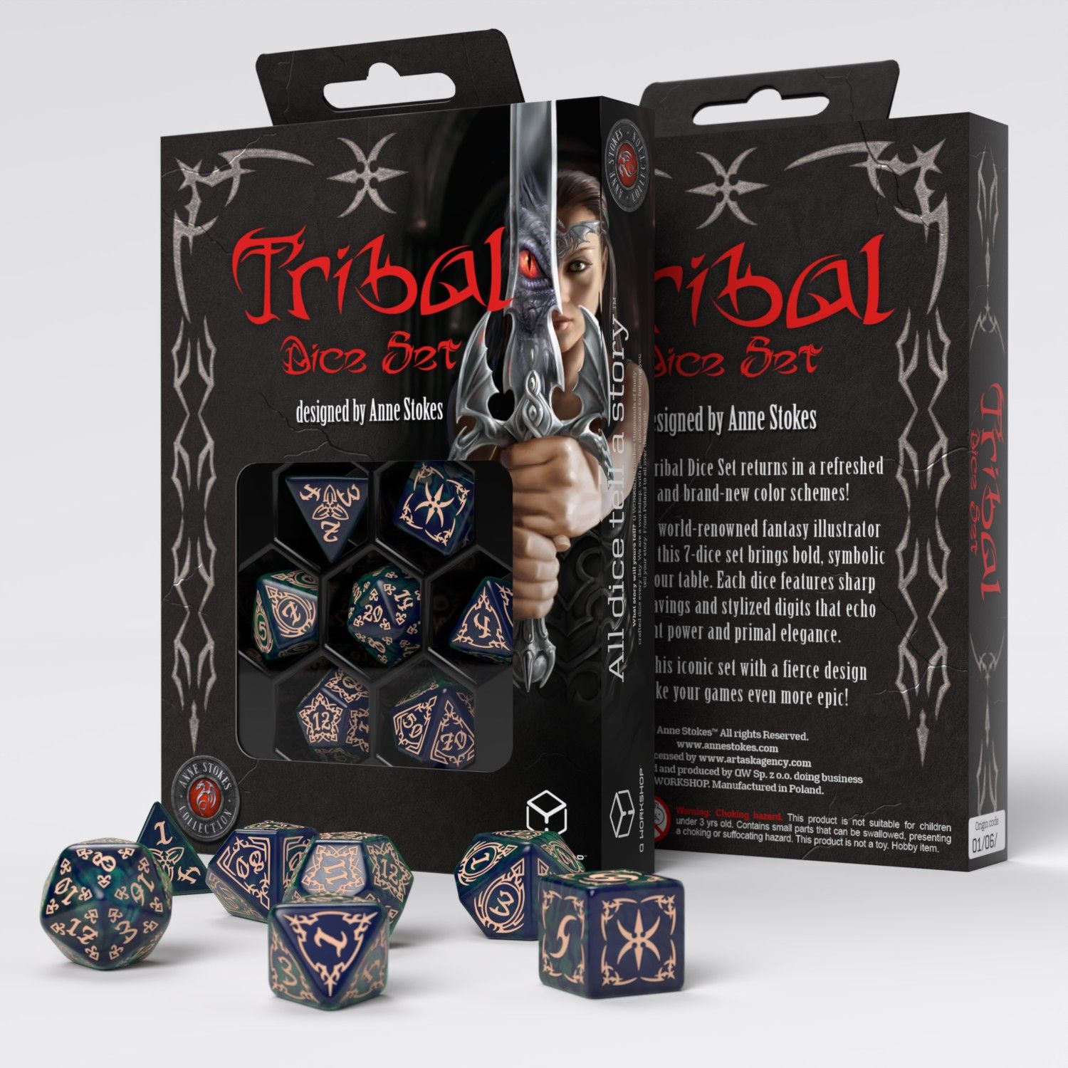 7-Piece Tribal RPG Dice Set -, Type: Blue Green &amp; Beige
