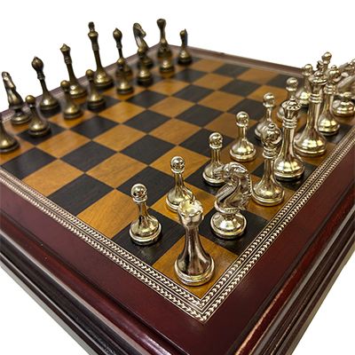 Chess Set 12&quot; - Inlaid Burl Wood Board with Metal Pieces