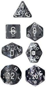7-Piece RPG Dice Set: Translucent (Assorted Colours), Color: Clear w/ White