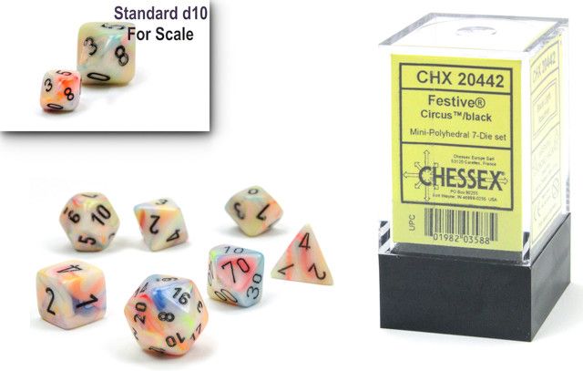 7-Piece Mini RPG Dice Set: Festive, Color: Circus/Black