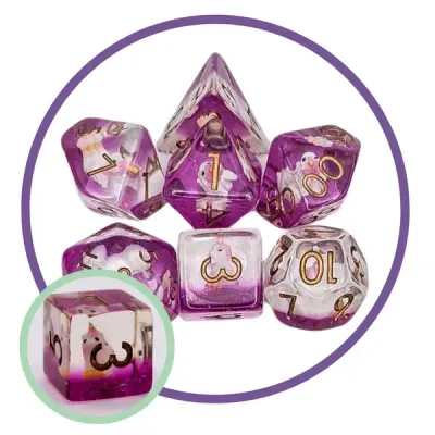 7-Piece RPG Dice Set: Mystery Dice Goblin - Pink Unicorn