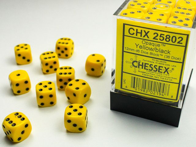 36d6 Dice Block (12mm): Opaque -, Color: Yellow w/ Black