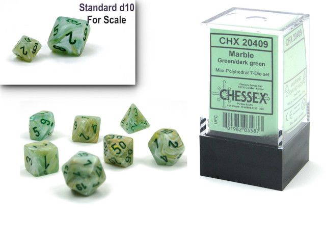 7-Piece Mini RPG Dice Set: Marble, Color: Green/Dark Green