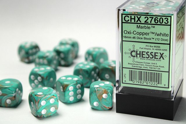 12d6 Dice Block (16mm): Marble -, Color: Oxi-Copper w/ White