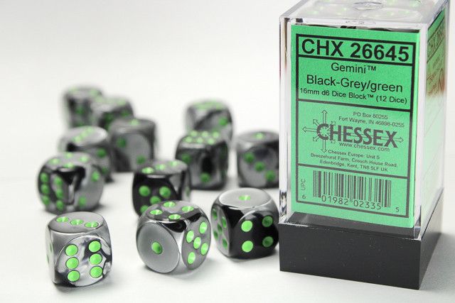 12d6 Dice Block (16mm): Gemini -, Color: Black-Grey w/ Green