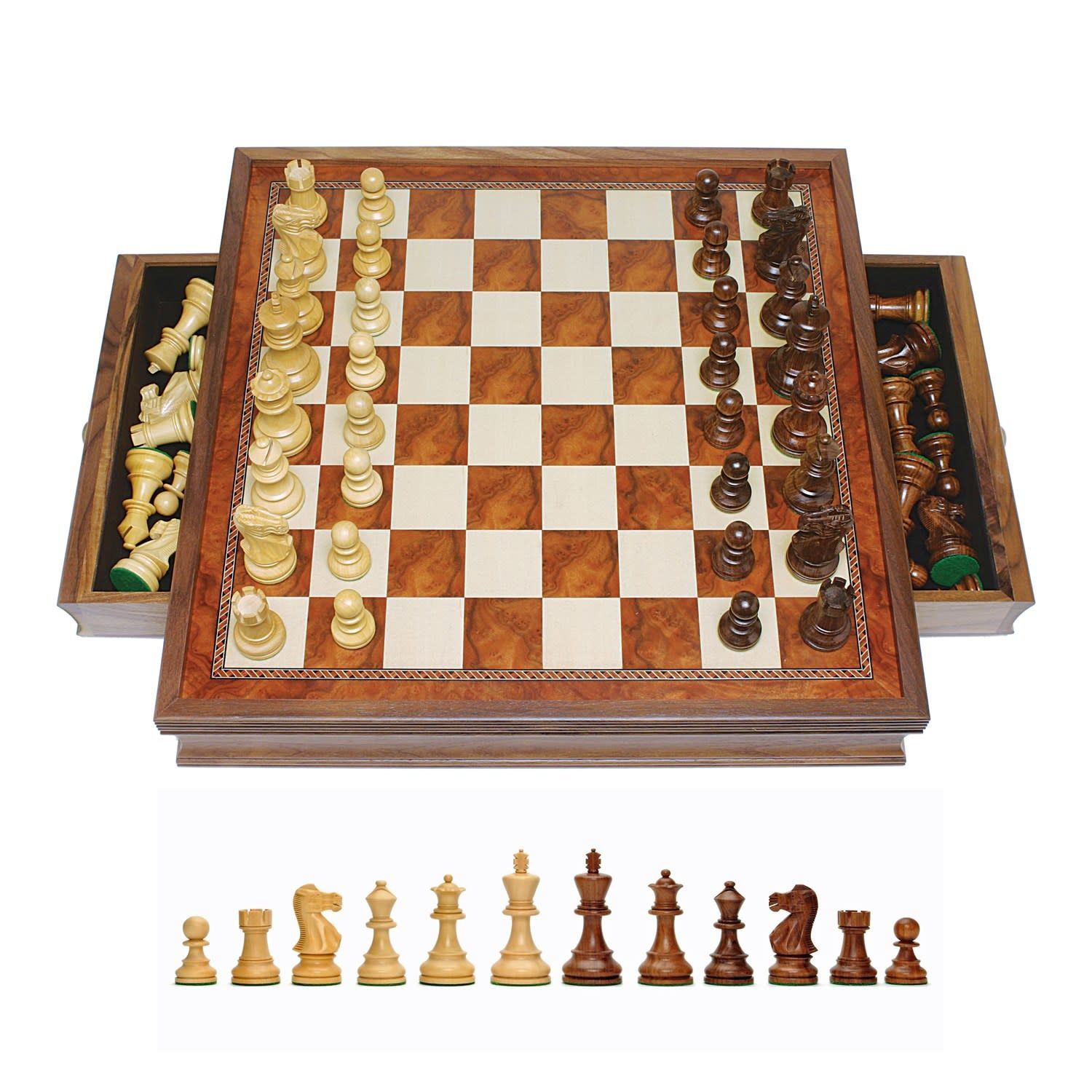 Chess Set 19" - Hand Carved Camphor Grand English Style With Storage Drawers (Damaged Queen)
