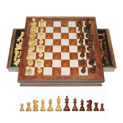Chess Set 19" - Hand Carved Camphor Grand English Style With Storage Drawers (Damaged Queen)