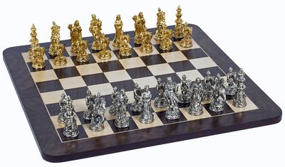 Chess Set – Medieval Pewter Pieces &amp; Walnut Dark Brown &amp; Natural Board