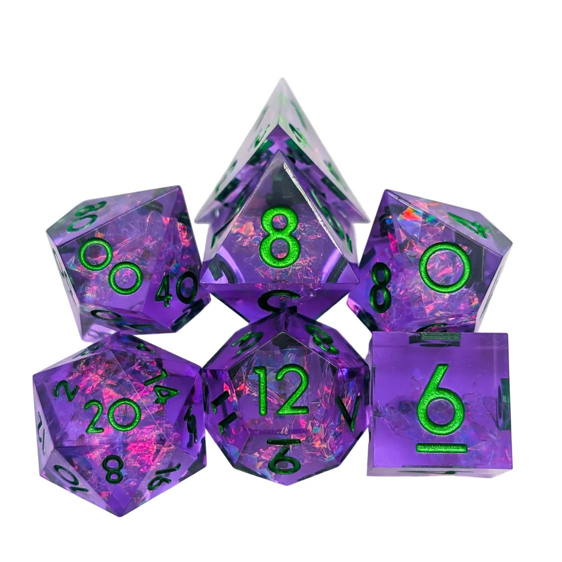 7-Piece RPG Dice Set: Sharp Edge - Bright Purple with Green Numbers