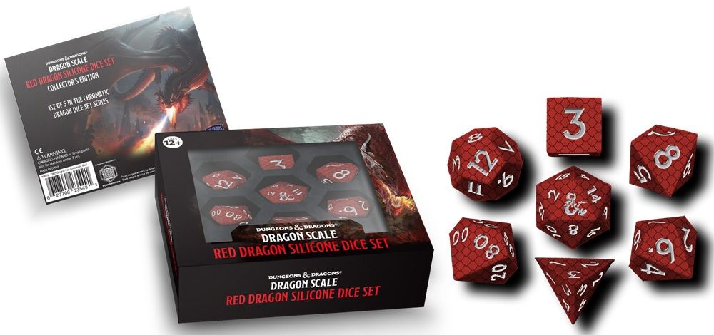 7-Piece RPG Dice Set: Silicone Dragon Scales - Red