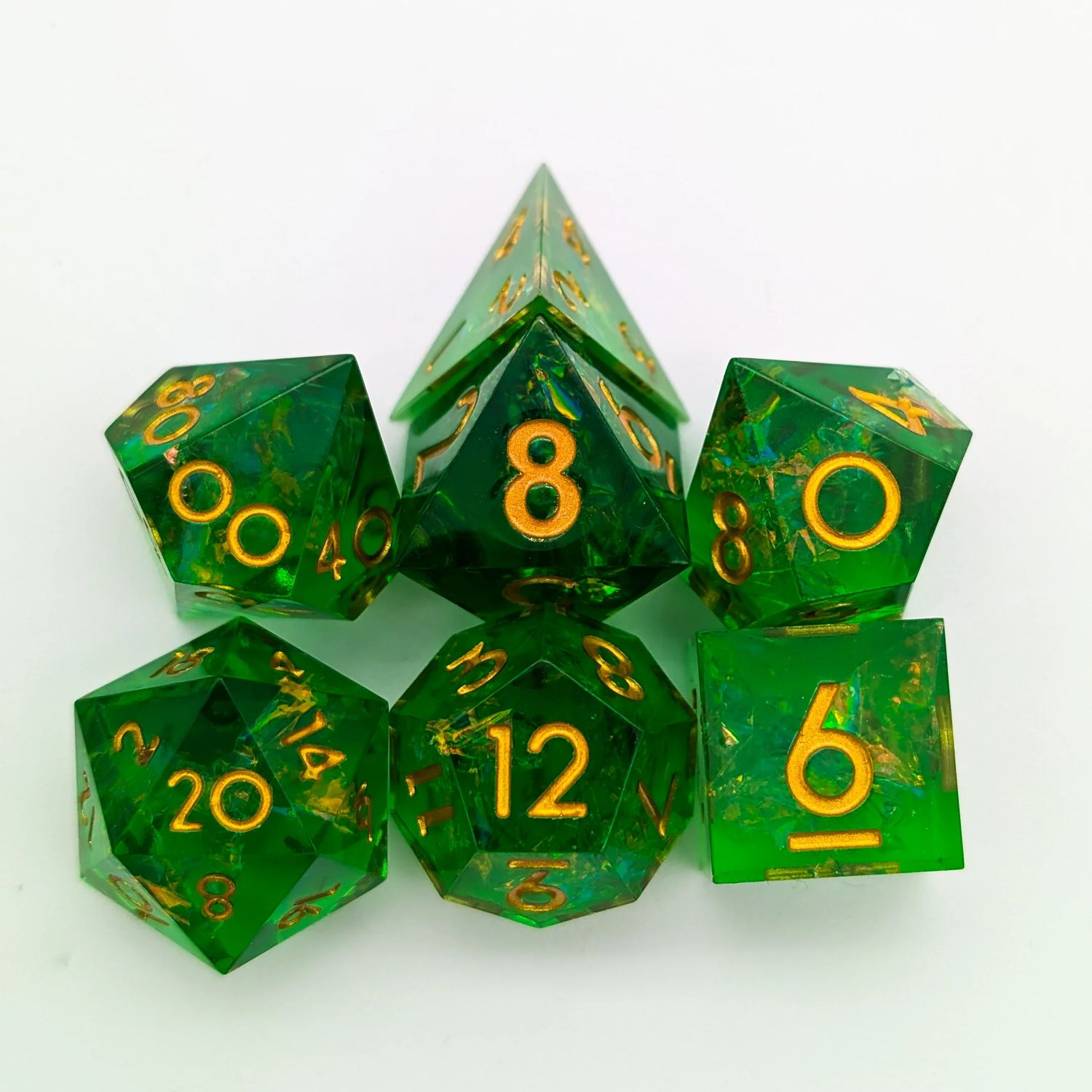 7-Piece RPG Dice Set: Sharp Edge - Shine Green with Gold Numbers