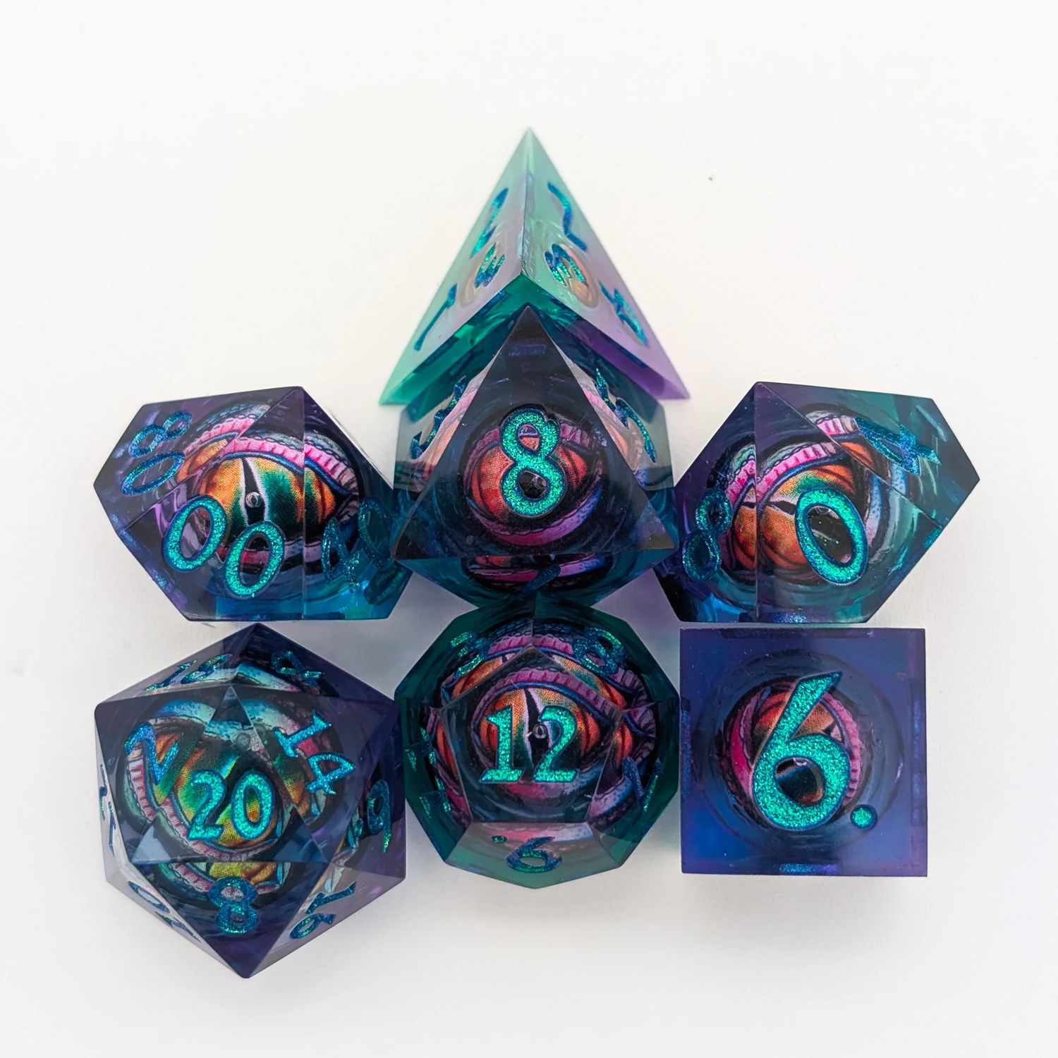 7-Piece RPG Dice Set: Liquid Core - Purple and Green Snake Eye