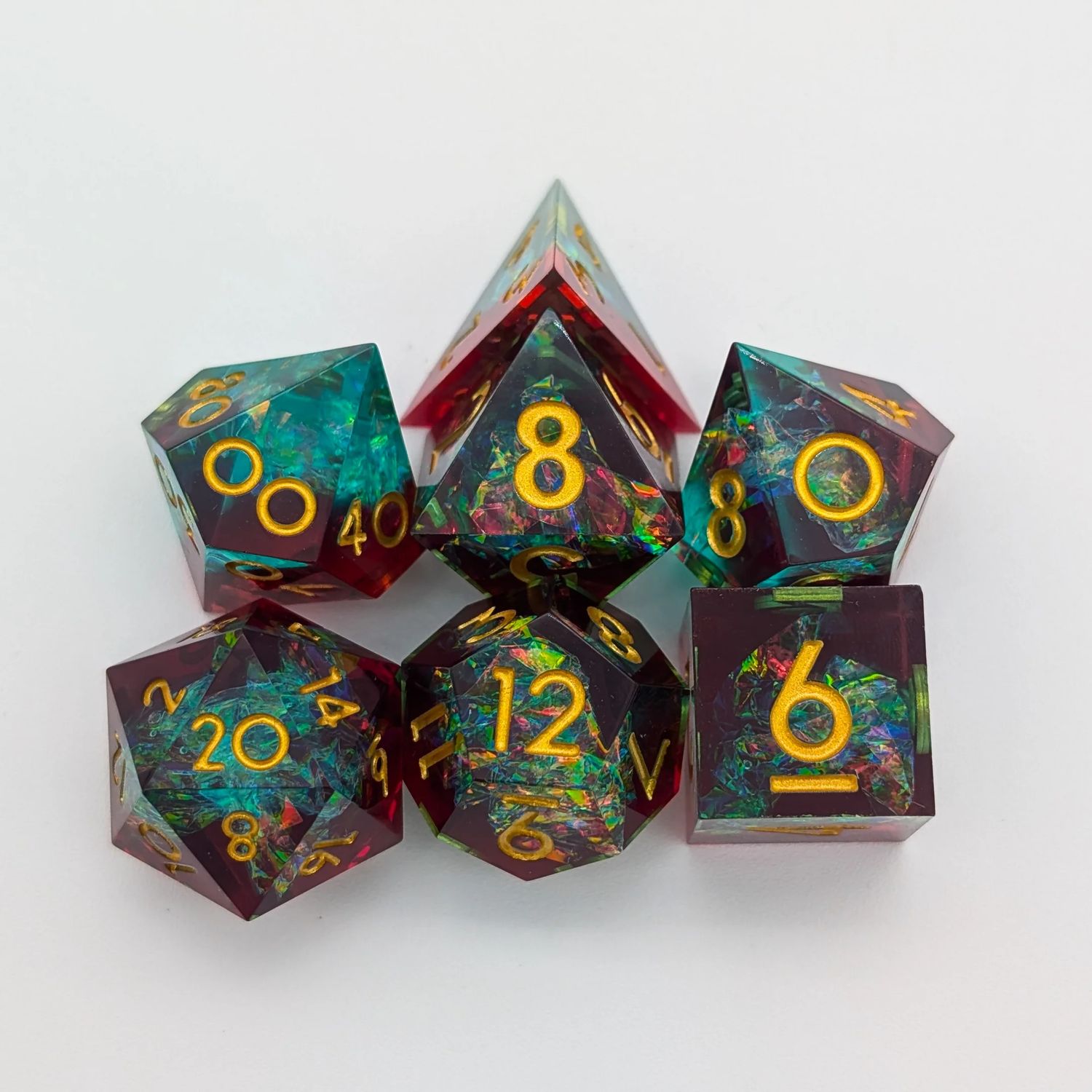 7-Piece RPG Dice Set: Sharp Edge - Shine Red and Green with Gold Numbers