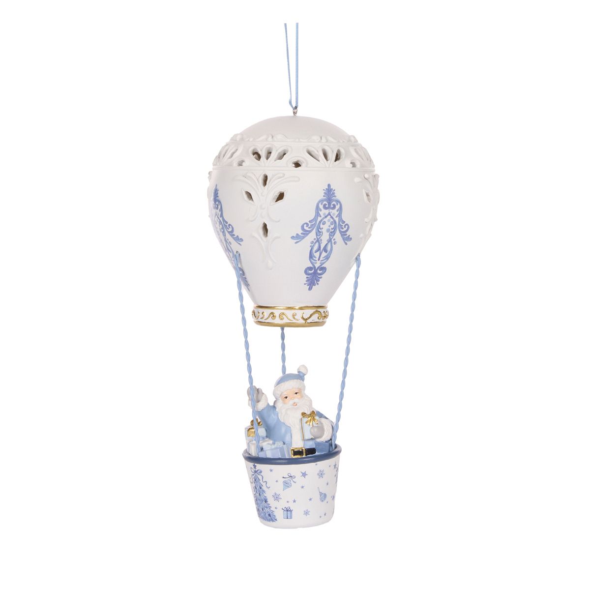 Snowy Blue Santa in Hot Air Balloon