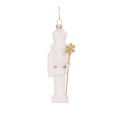 Glass White Nutcracker with Staff Hanging Ornament
