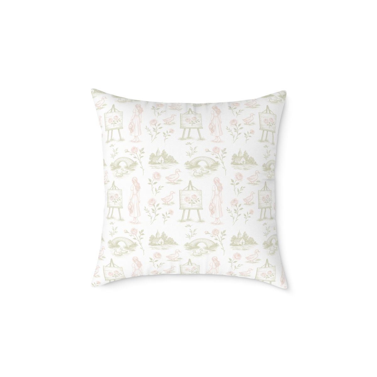 Farm Ducks Sage and Pink Toile Pillow 