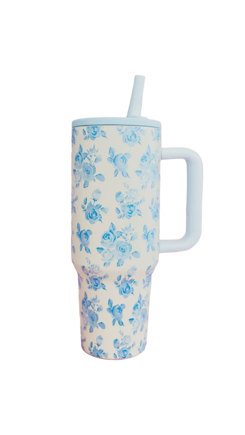 Blue Floral 40oz Tumbler with Spill Proof Lid and Flip Straw