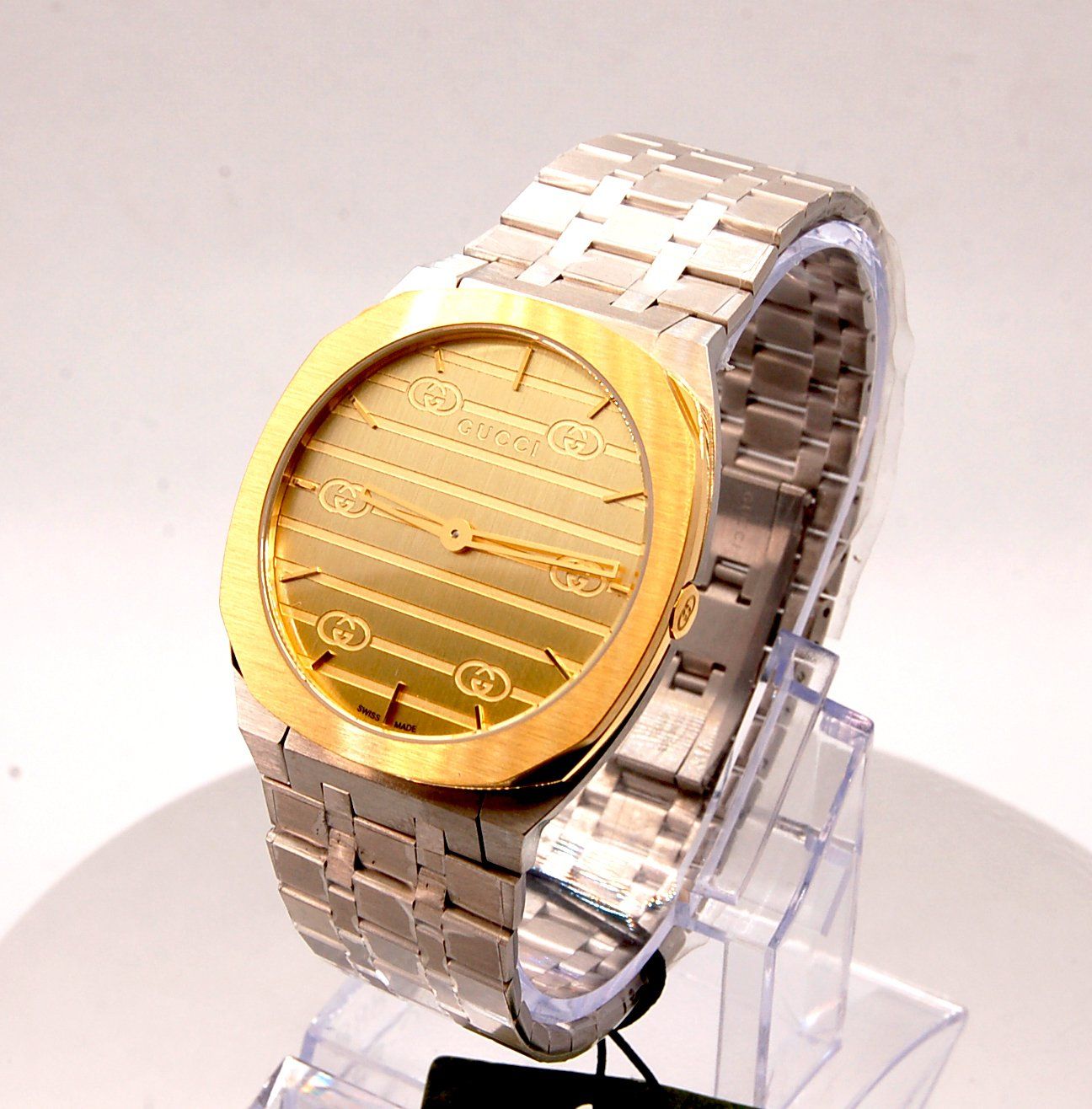 Gucci 25H Quartz Gold Dial Silver Steel Strap Watch for Men - YA163405