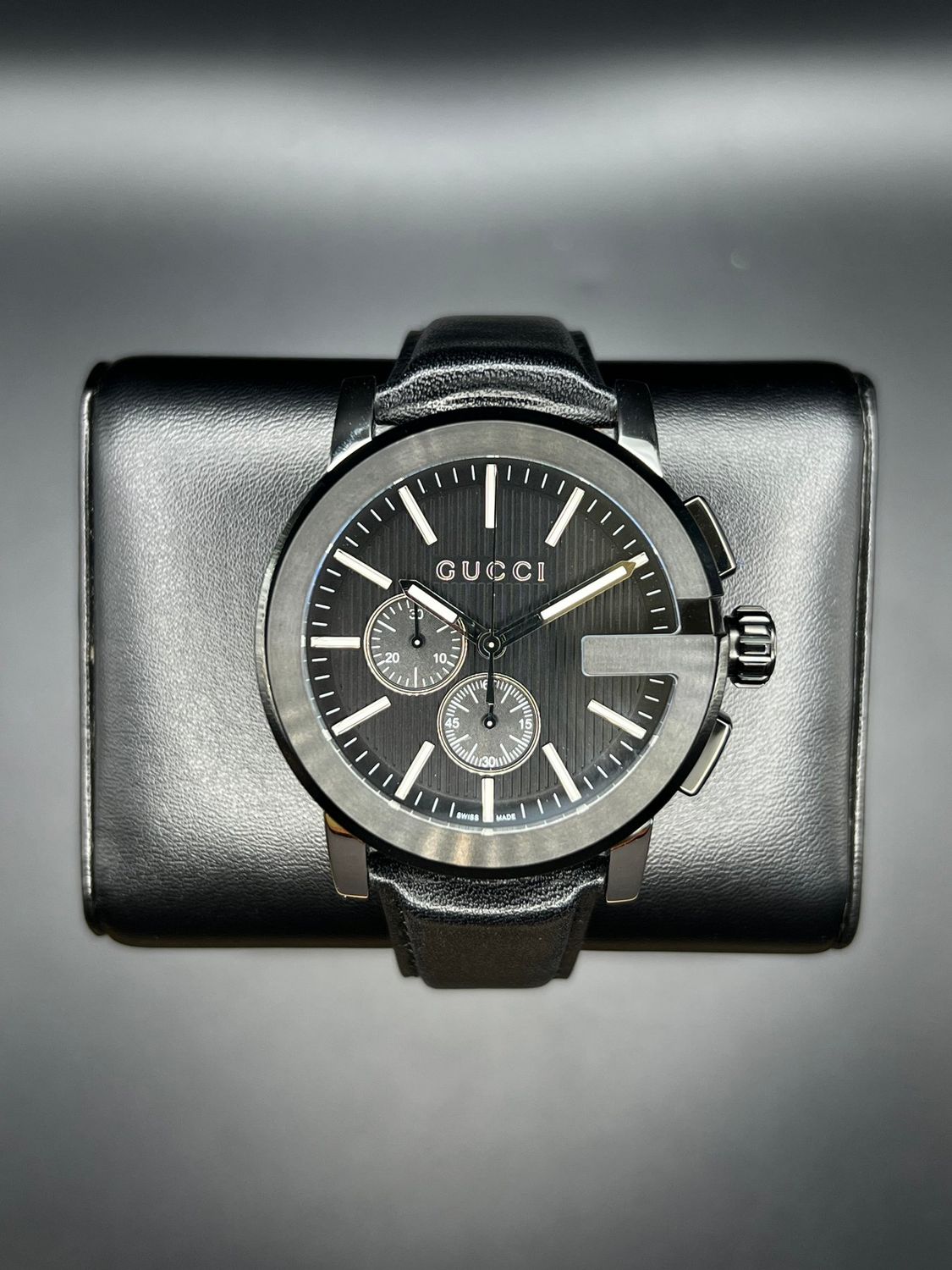 Gucci G Chrono Black Dial Black Leather Strap Watch For Men - YA101205