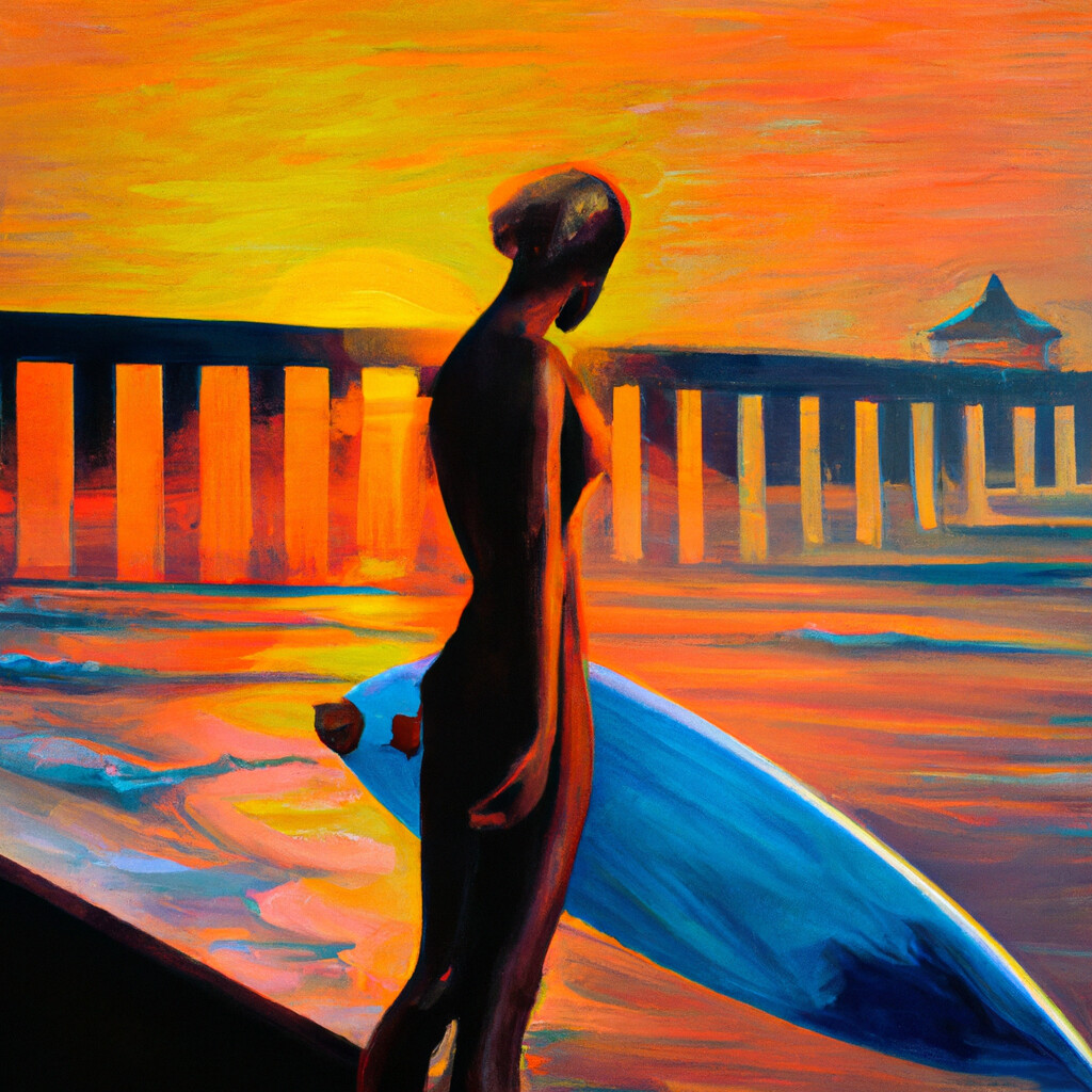 "Folly Beach Sunset Surfer" Tamara de Lempicka Style