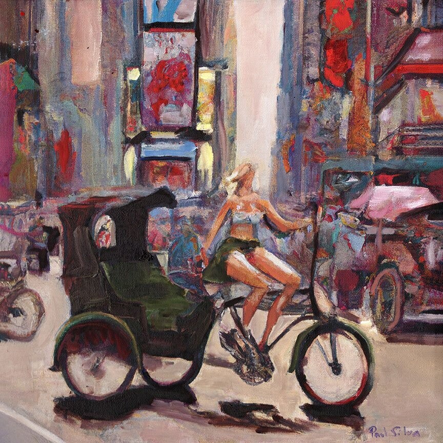 "Times Square PediCab 1" Mixed Media Original 12 x 12