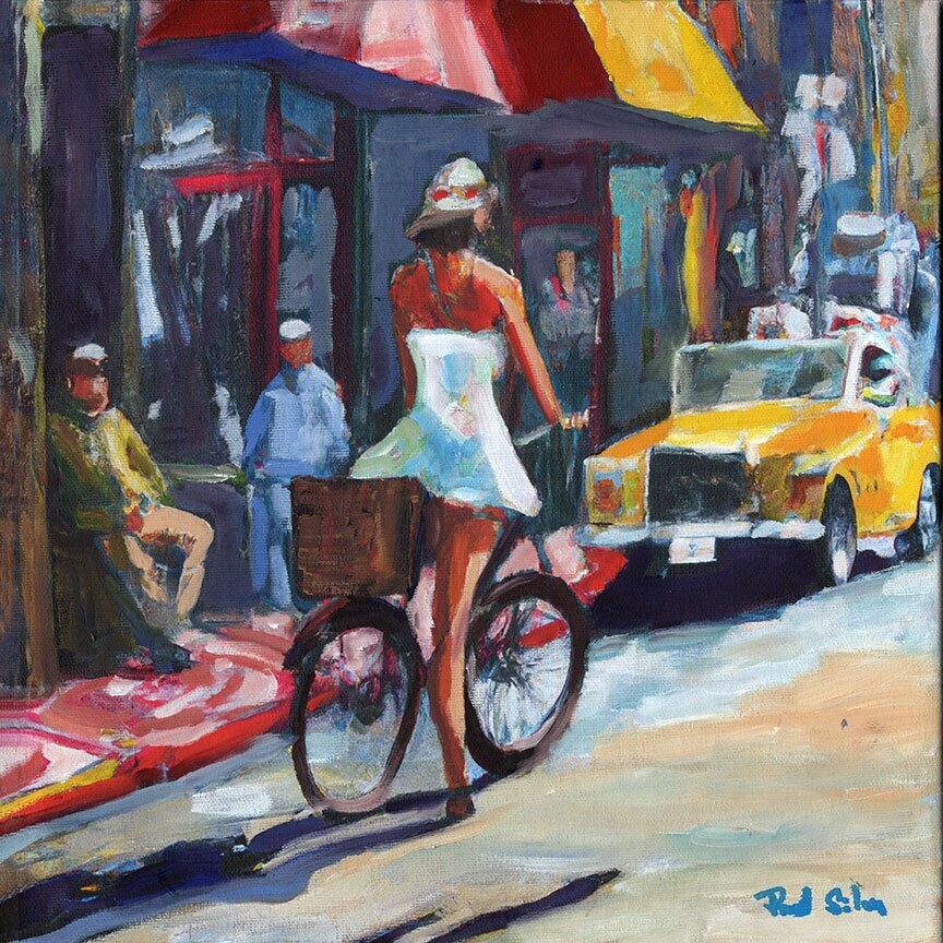 "Charleston Bicyclist" Mixed Media Original 12 x 12