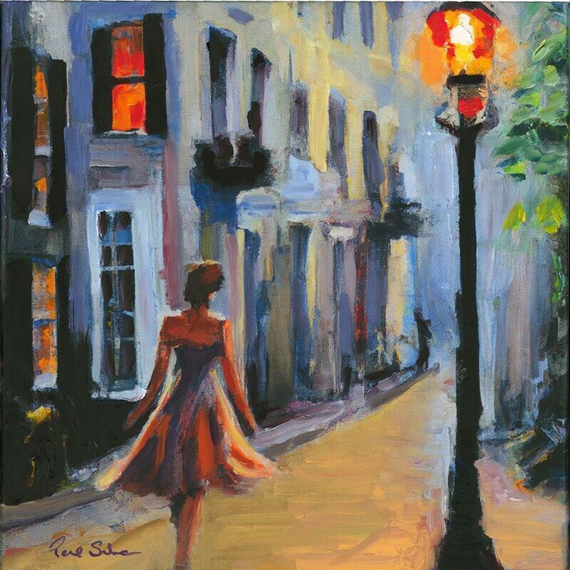 "Charleston Lady Evening Walk" Mixed Media Original 12 x 12