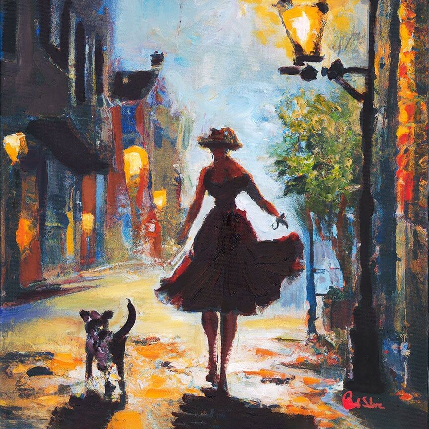 "Red Dress Belle Dog Walking" Mixed Media Original 12 x 12