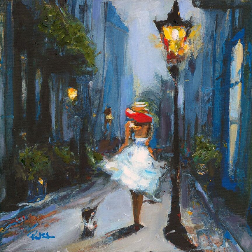 "White Dress Belle Dog Walking" Mixed Media Original 12 x 12