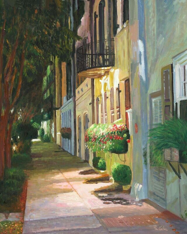 "Rainbow Row Midnight Walk" Hand Painted Oil 24x30