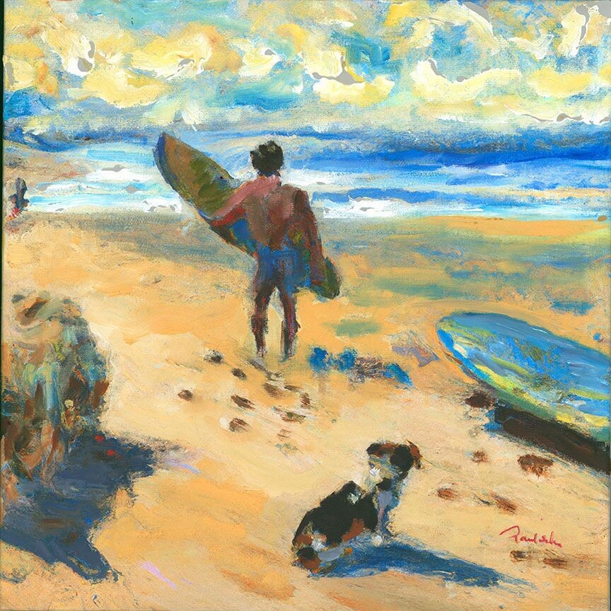 "Surfer Boy with Dogs" Mixed Media Original 12 x 12