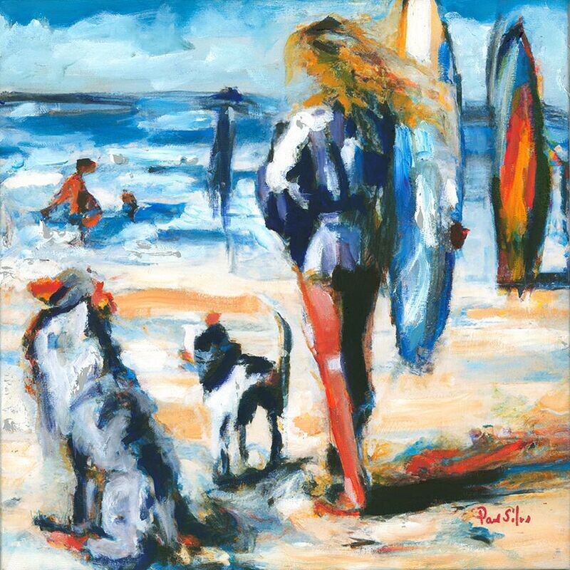 "Surfer Girl with Dogs" Mixed Media Original 12 x 12