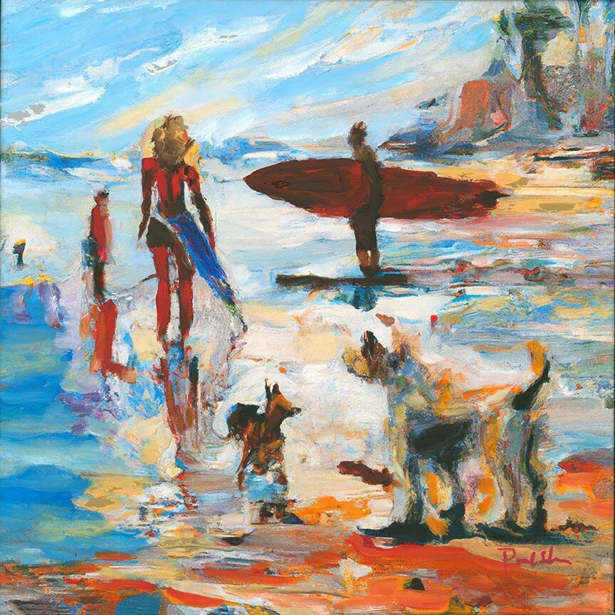 "Surfers with Dogs" Mixed Media Original 12 x 12