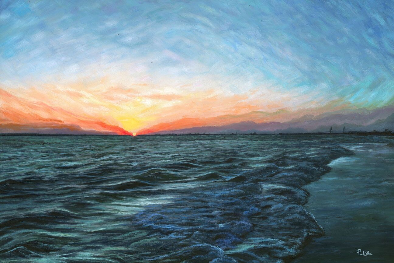 "Sullivans Bridge Sunset" 36x24 Hand-painted Oil