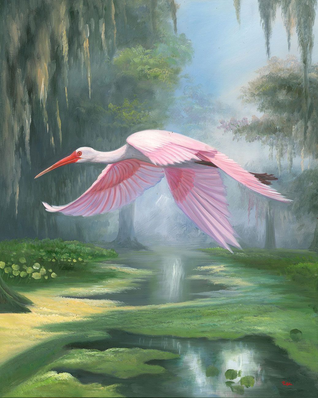 "Spoonbill in Flight" Hand Painted Oil 24x30
