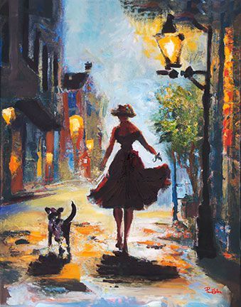 "Red Dress Belle Walking Her Dog"