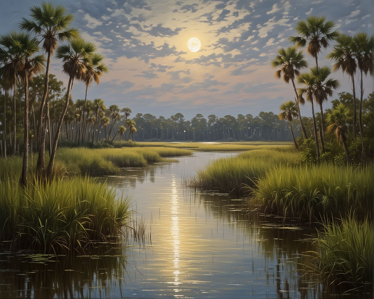 "Moon Over Marsh Hand-painted Oil