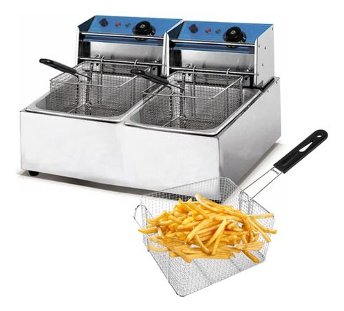 Freidora Eléctrica Industrial Dos Cubas 5.5+5.5 Litros Gris 50 Hz, Color: Gris, Frecuencia: 50 Hz