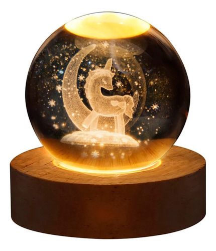 Lampara 3d Bola De Cristal Con Base De Madera Unicornio Unicornio Amarillo