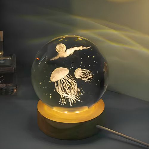Lampara Bola Cristal Led Veladora Base Madera Usb Medusas Medusas
