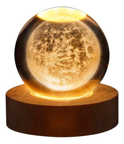 Lampara 3d Bola De Cristal Con Base De Madera Forma Luna Luna Amarillo