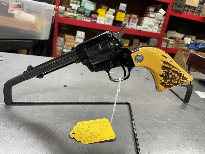 Colt Frontier Scout, 22 LR, blued with stag grips, 4 3/4 inch , 1963. Very good condition Colt Frontier Scout, 22 LR, blued with stag grips, 4 3/4 inch , 1963. Very good condition