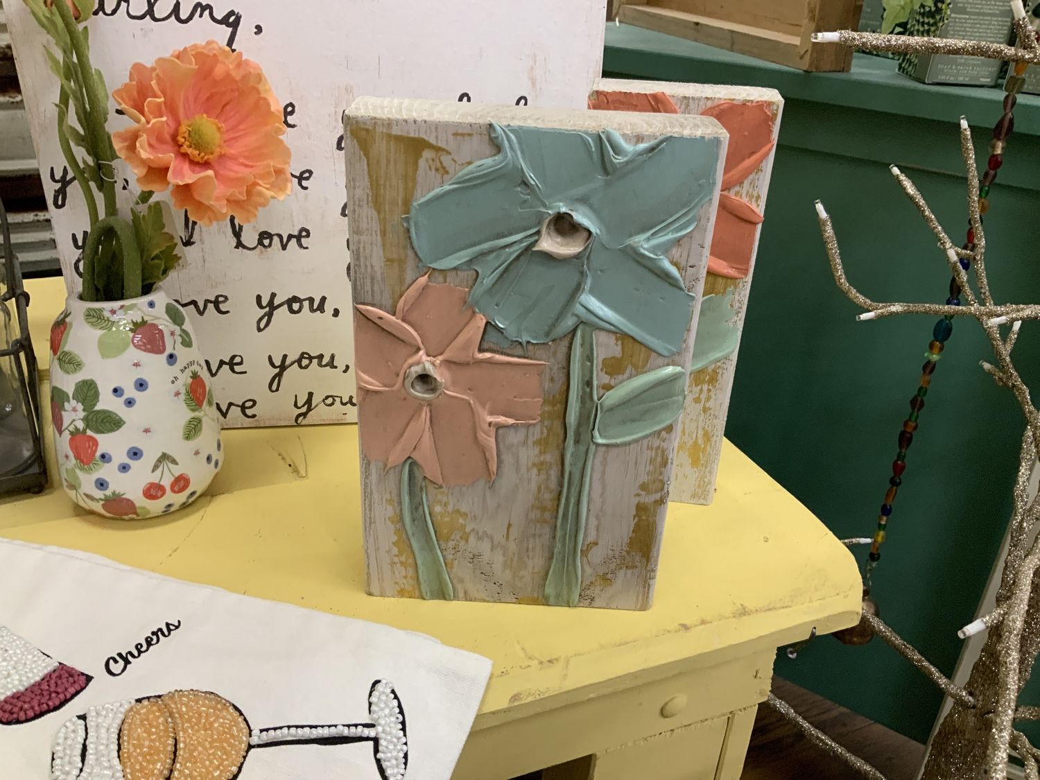 Hand Painted Block Two Flowers