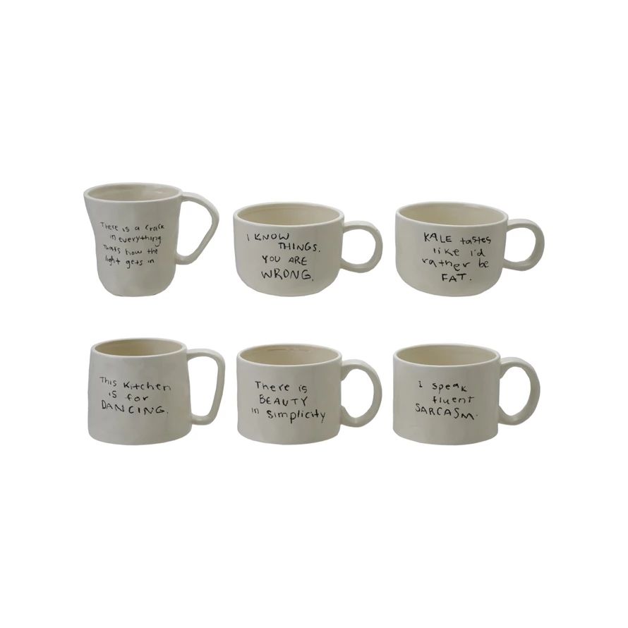 12 oz. Stoneware Mug with Saying, White &amp; Black, 6 Styles