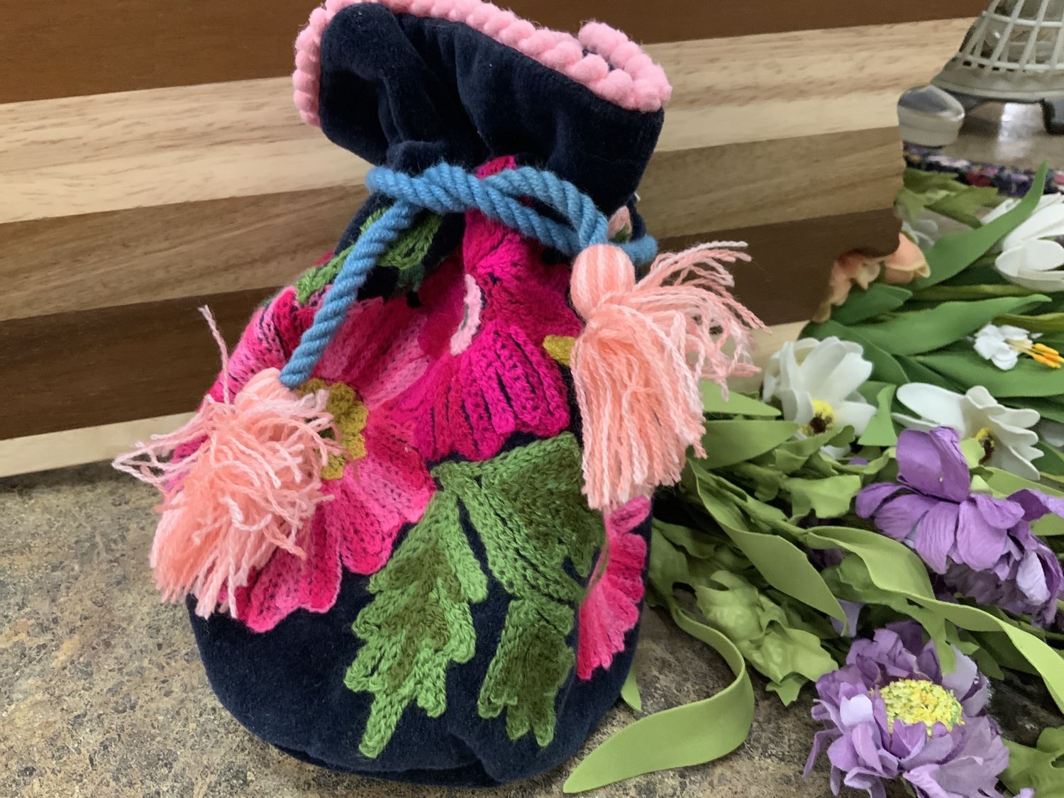 VELVET DRAWSTRING BLACK EMBROIDERY POUCH