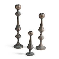 Set of Three Tall Patina Metal Candle Towers