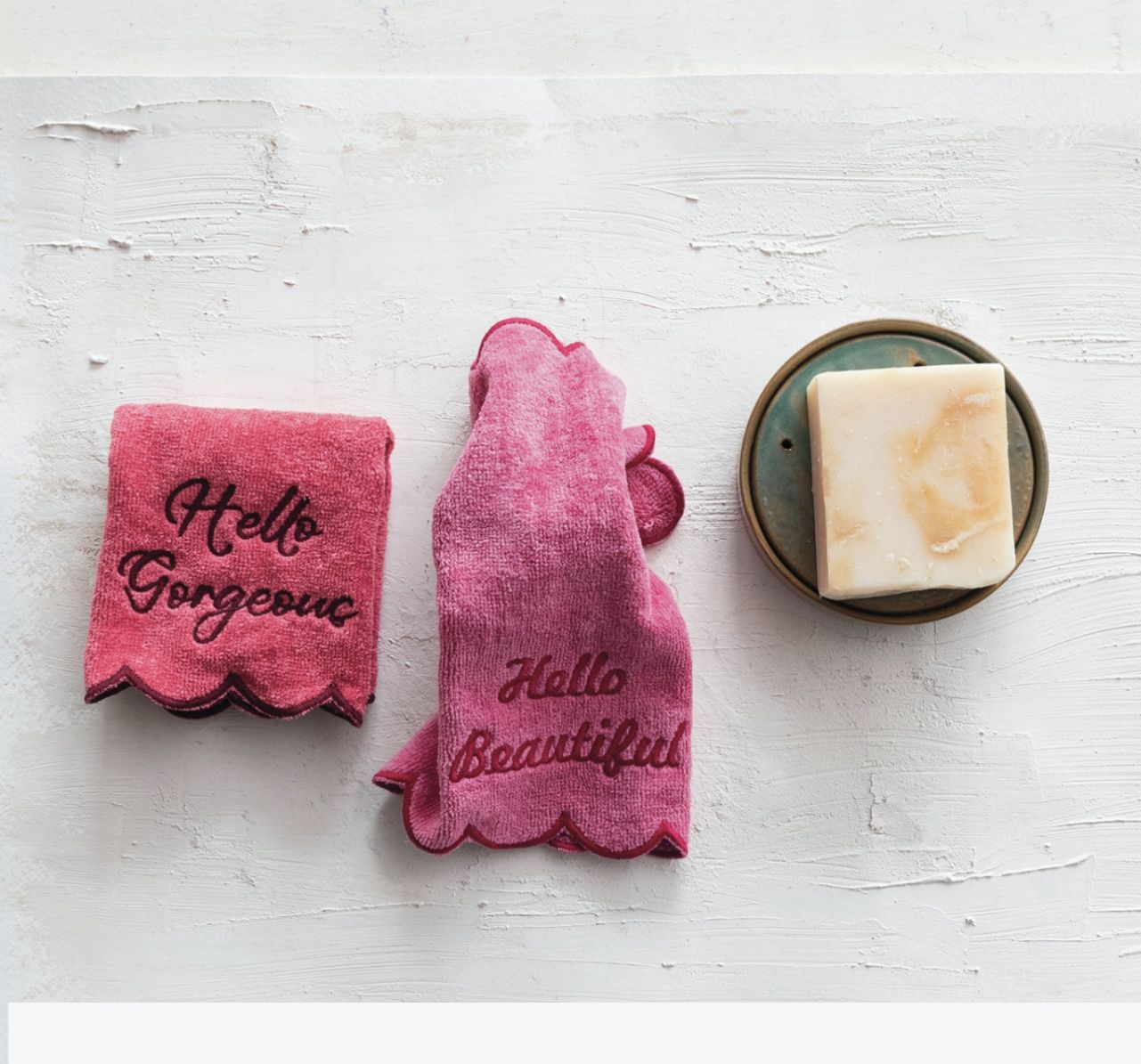 Cotton Terry Wash Cloths w/ Embroidered Saying &amp; Scalloped Edge, Set of 2