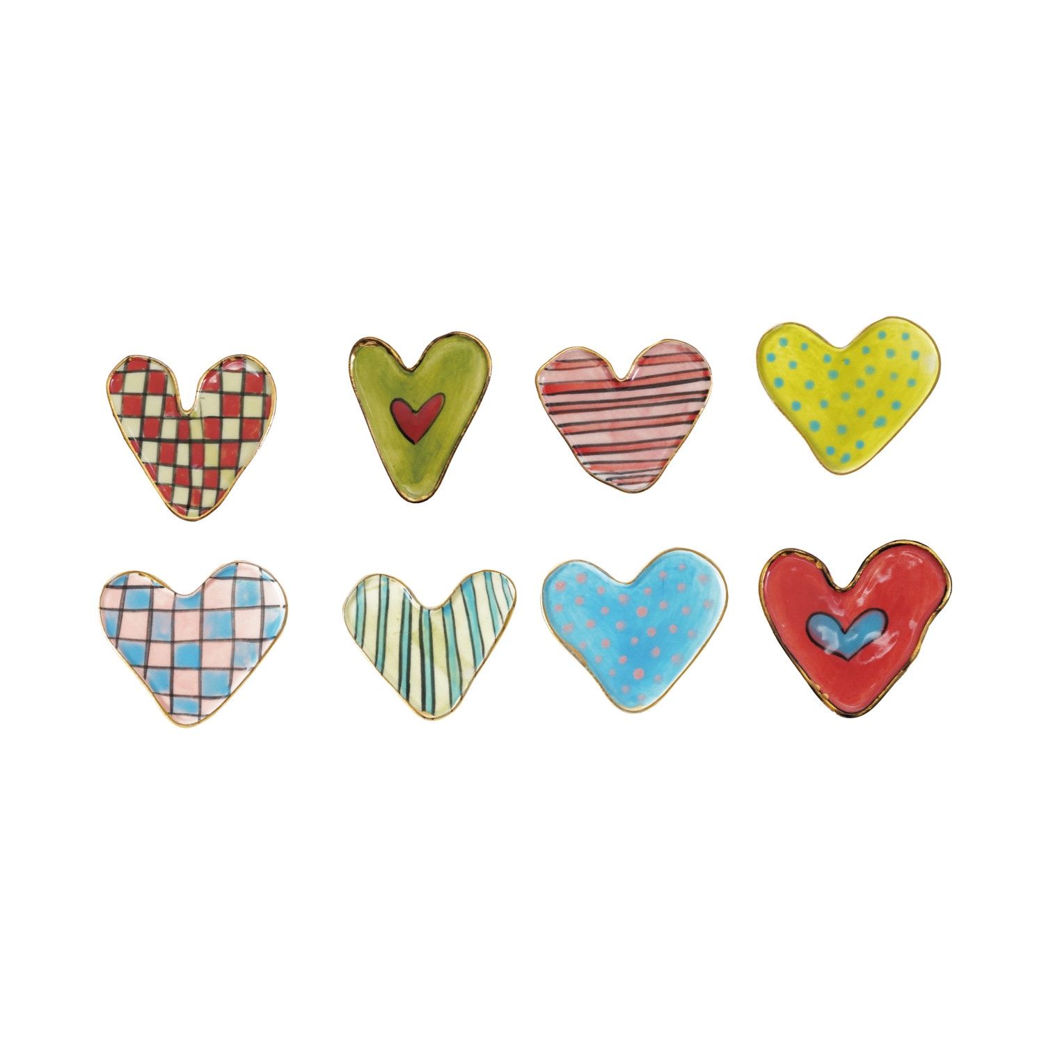 Hand-Painted Stoneware Heart Shaped Magnet w/ Pattern &amp; Gold Electroplated Edge, 8 Styles
