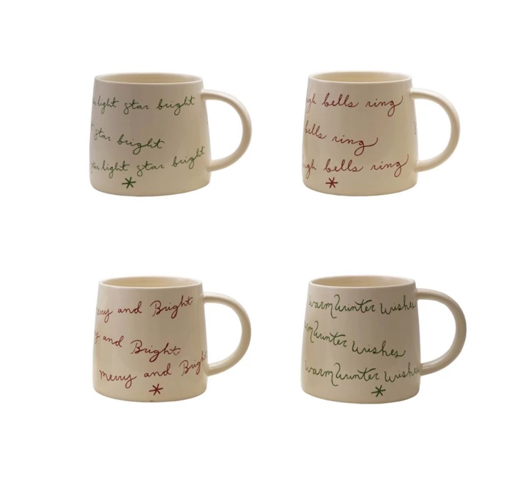Stoneware Mug with Holiday Saying - assorted cream color